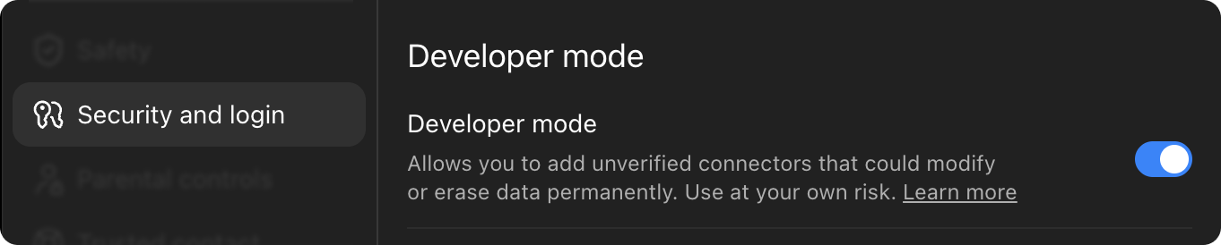 Developer mode enabled in the Security and login tab of ChatGPT settings