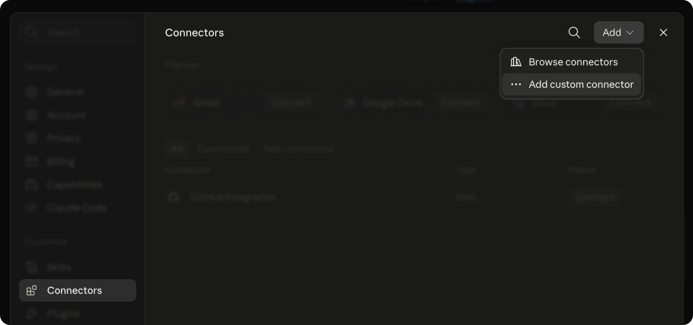 Connectors page in Claude settings, Add menu expanded to Add custom connector